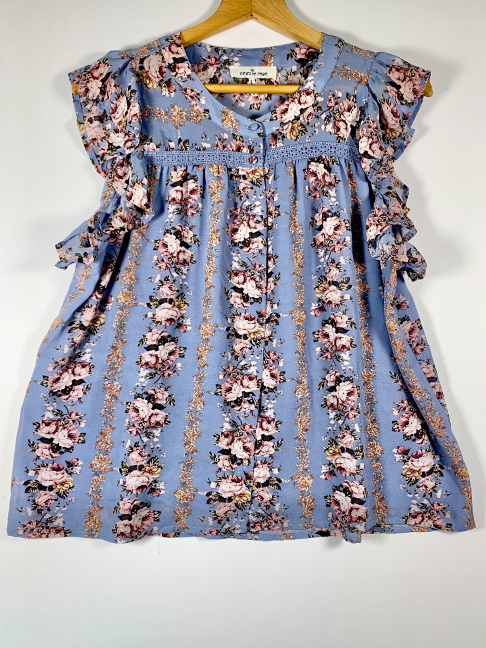 Emmie Rose Romantic Floral Lace Trim Ruffled Cap Sleeve Top Blue Lavender Pink
